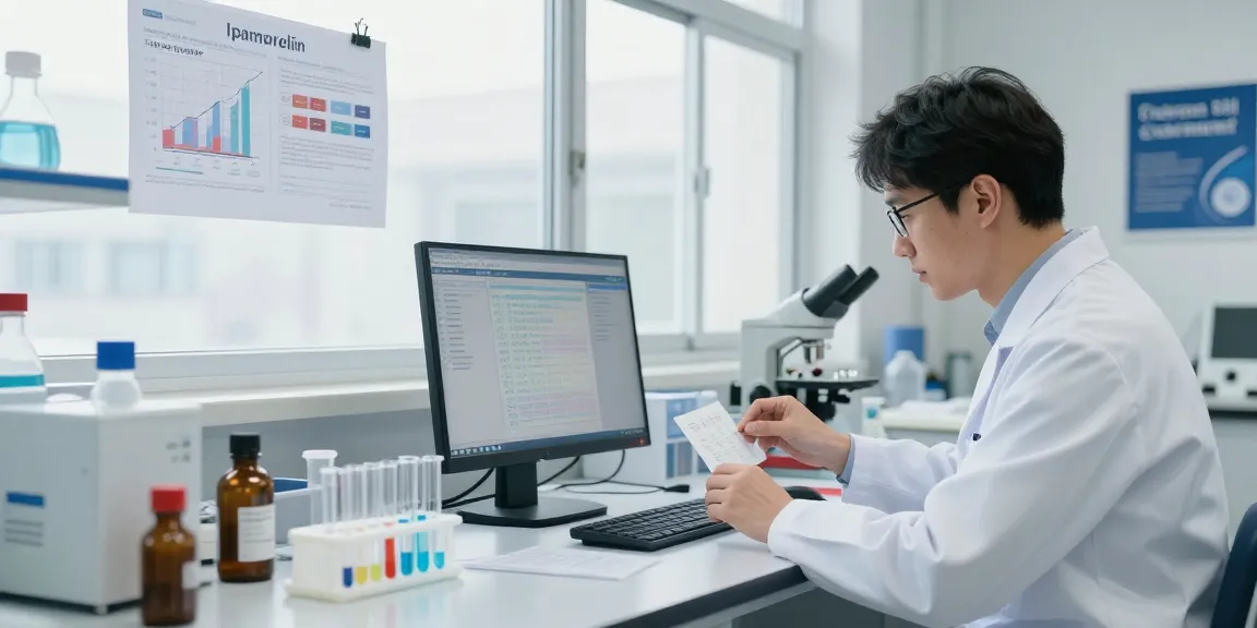 Analyzing Ipamorelin research sup in a bright laboratory setting with a researcher.