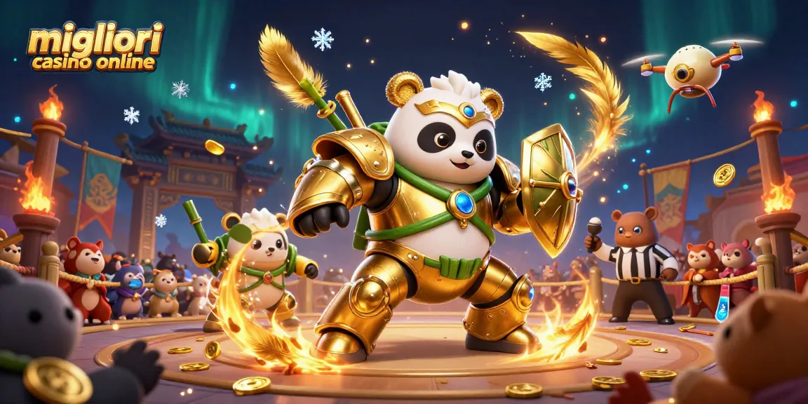 I migliori casino online presentano l'energia di un panda dorato pilotando un robot di bambù in un'arena affollata.
