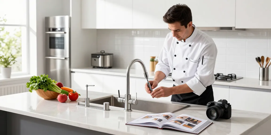 Installation of stylish kitchen faucets in a modern kitchen by a chef, showcasing elegant design and functionality.
