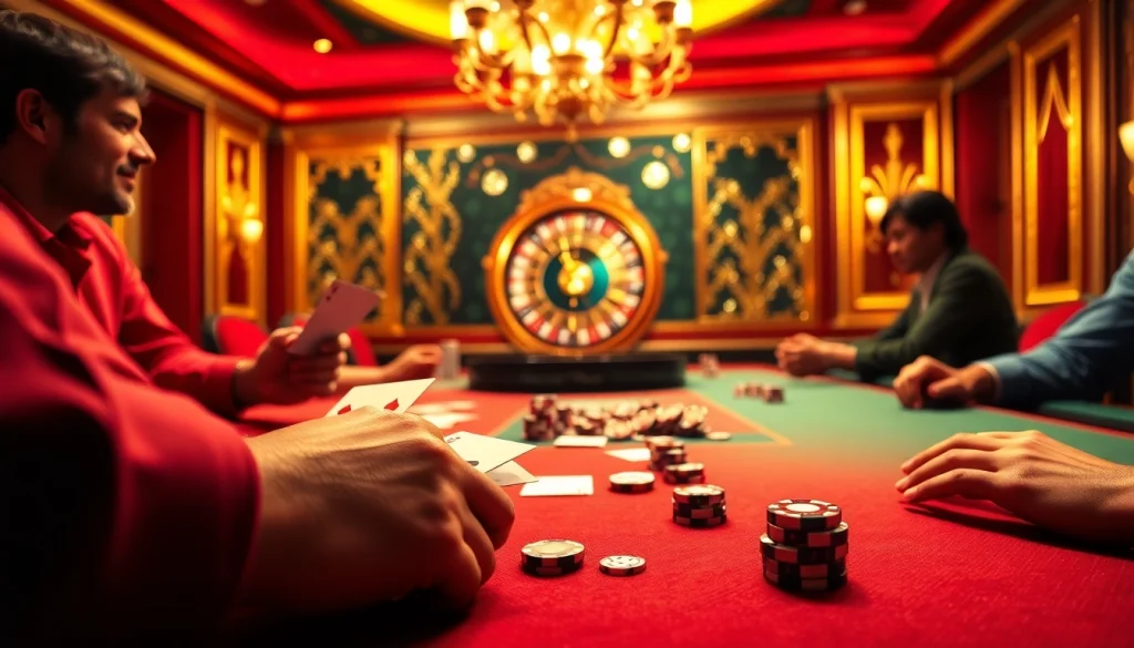 Hi 88 poker game in a vibrant casino, showcasing cards, chips, and a roulette wheel.