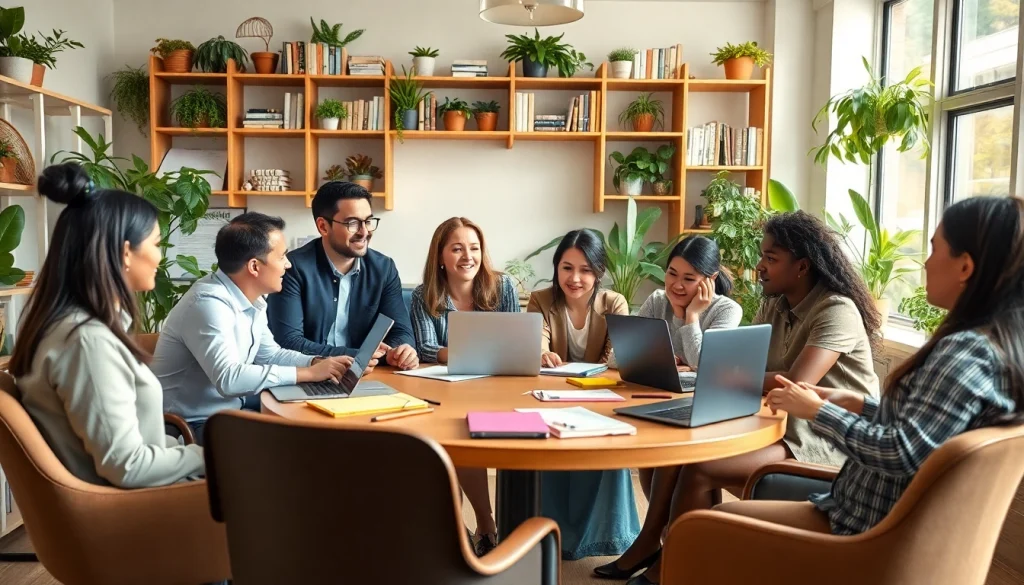 Discussing small business jobs with a diverse team in a bright office setting.