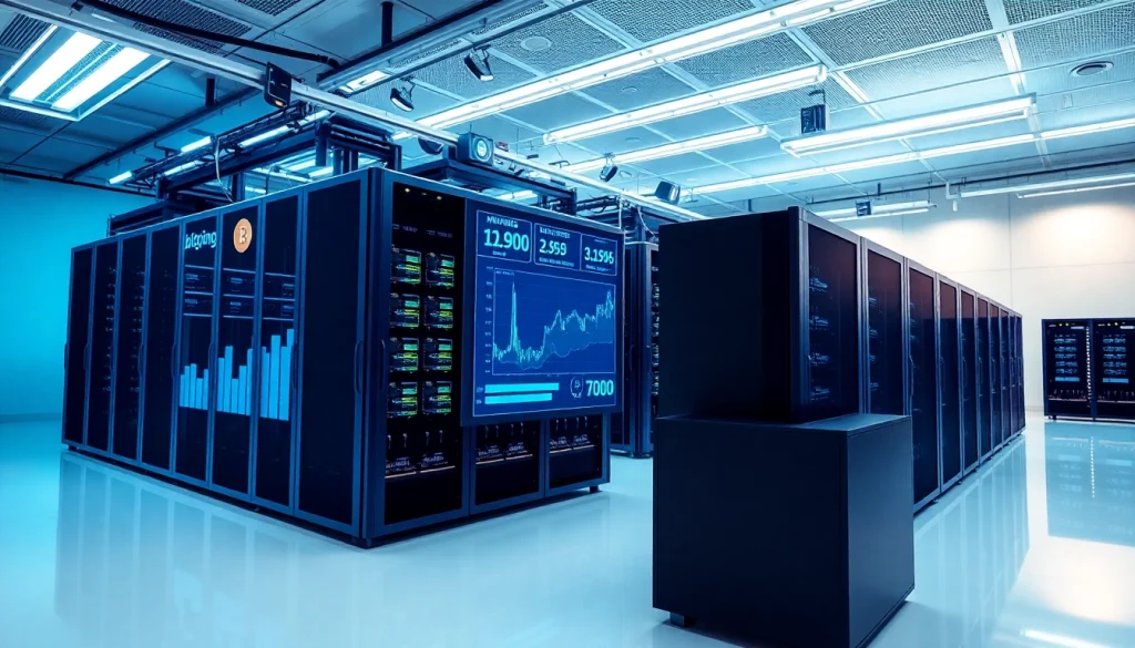 Bitcoin cloud mining facility with modern servers and real-time crypto stats