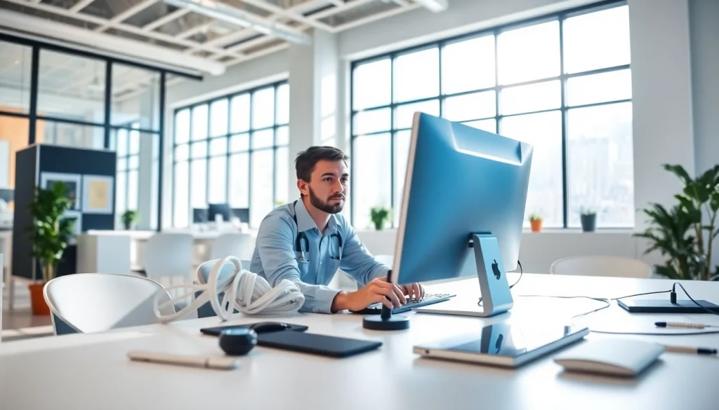 Performing computer services, a technician diagnoses a device in a modern office environment.