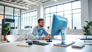 Performing computer services, a technician diagnoses a device in a modern office environment.