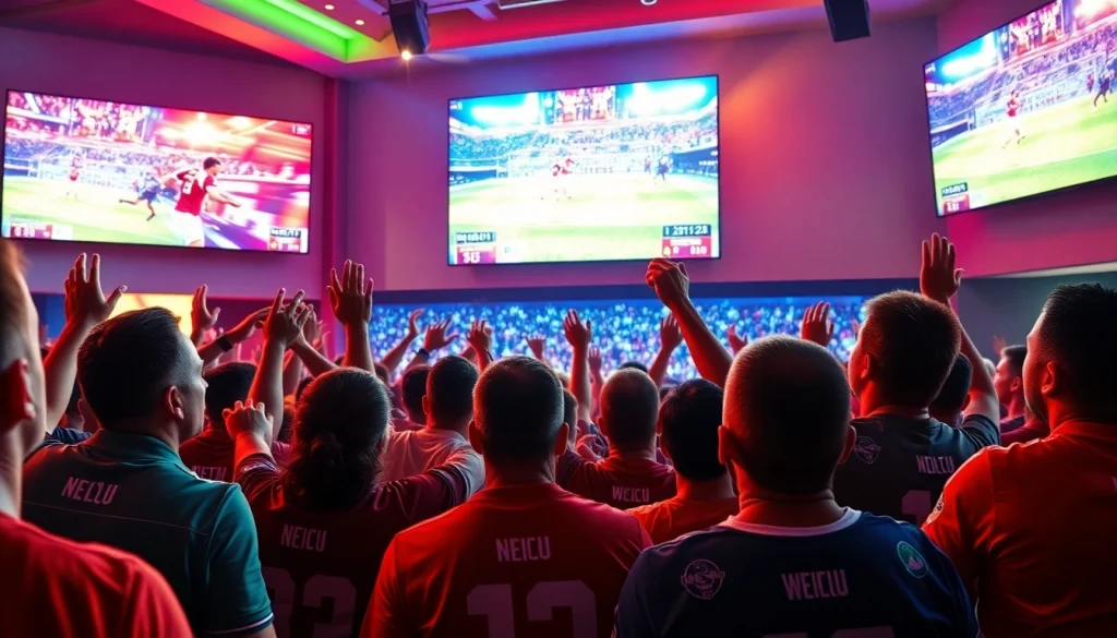 스포츠중계 현장을 즐기는 팬들의 모습과 생동감 넘치는 스크린