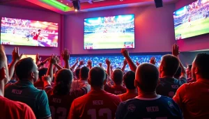 스포츠중계 현장을 즐기는 팬들의 모습과 생동감 넘치는 스크린