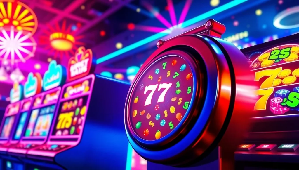 Menampilkan atmosfer permainan pakde4d slot yang mengasyikkan dengan mesin slot dan lampu yang menyala.