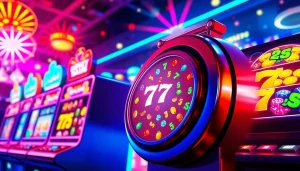 Menampilkan atmosfer permainan pakde4d slot yang mengasyikkan dengan mesin slot dan lampu yang menyala.