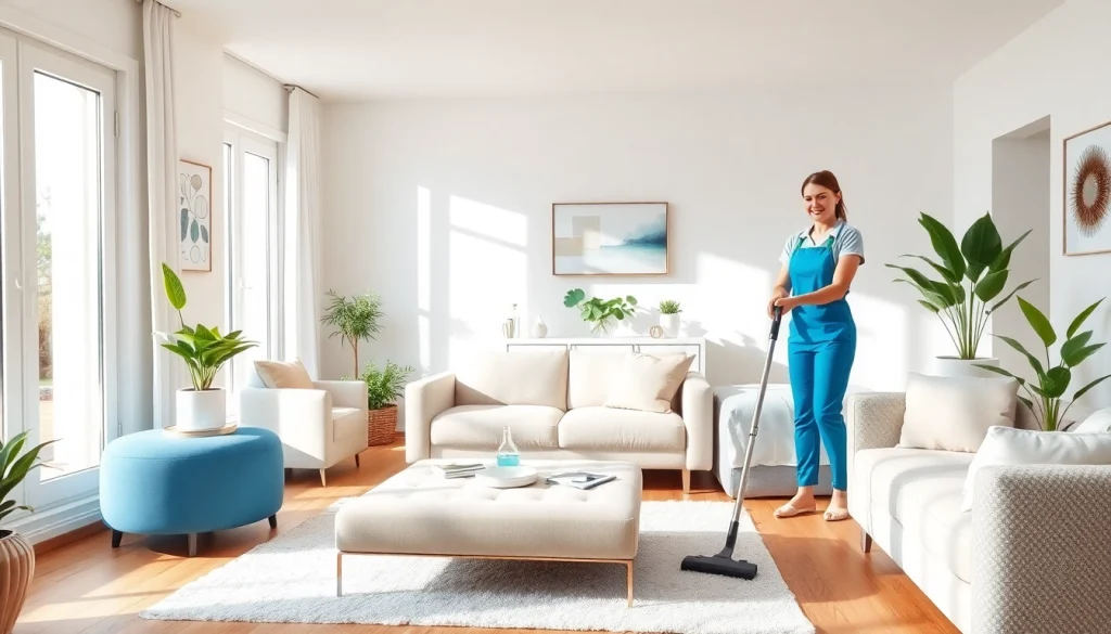 Cleaning Service team tidying up a bright living room, ensuring sparkling and pristine spaces.