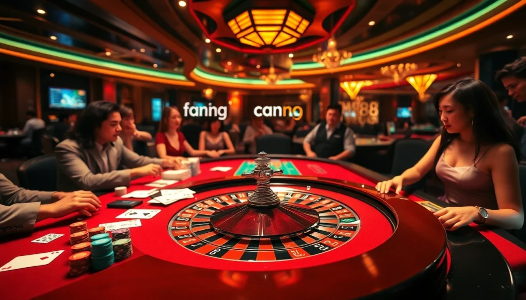 Experience the thrilling atmosphere of the casino at Trang chủ MM88, featuring players engaged at a bustling roulette table.