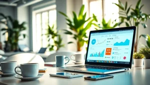 Visualize an Instagram smm panel setup with analytics and social media icons in a bright professional office.