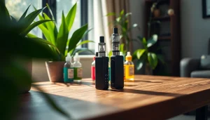 Vape ohne nikotin Gerät in stilvollem Setup mit bunten E-Liquids und Pflanzen.