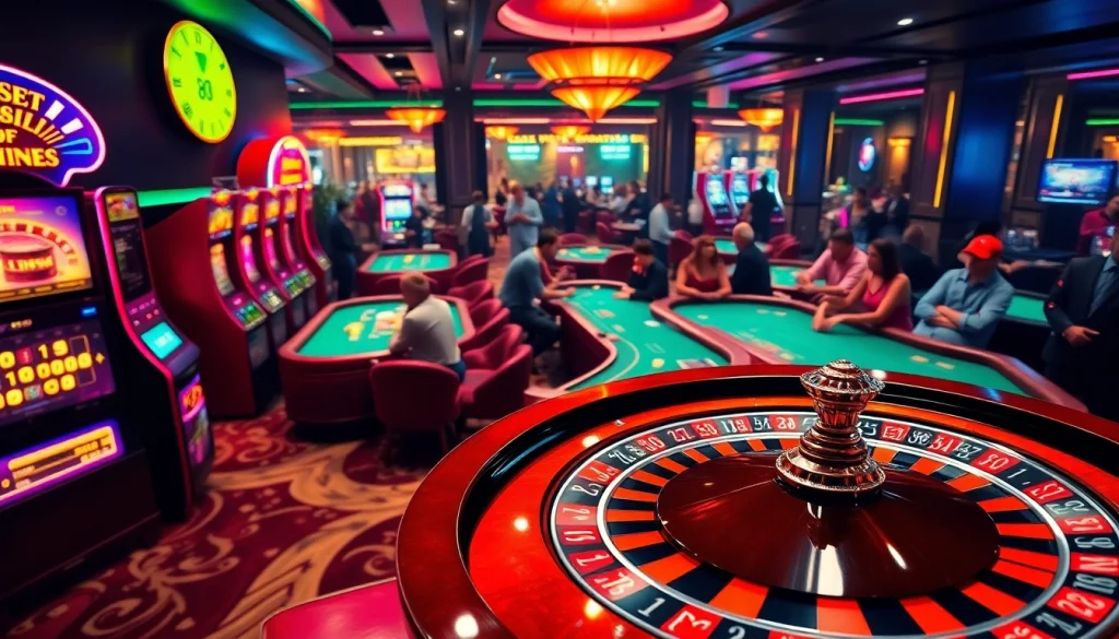 MM88 casino scene featuring roulette, poker players, and vibrant slot machines.
