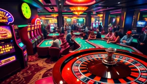 MM88 casino scene featuring roulette, poker players, and vibrant slot machines.