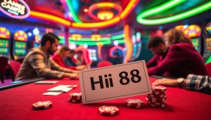 Experience the thrilling atmosphere at Hi88's poker table with chips and cards.