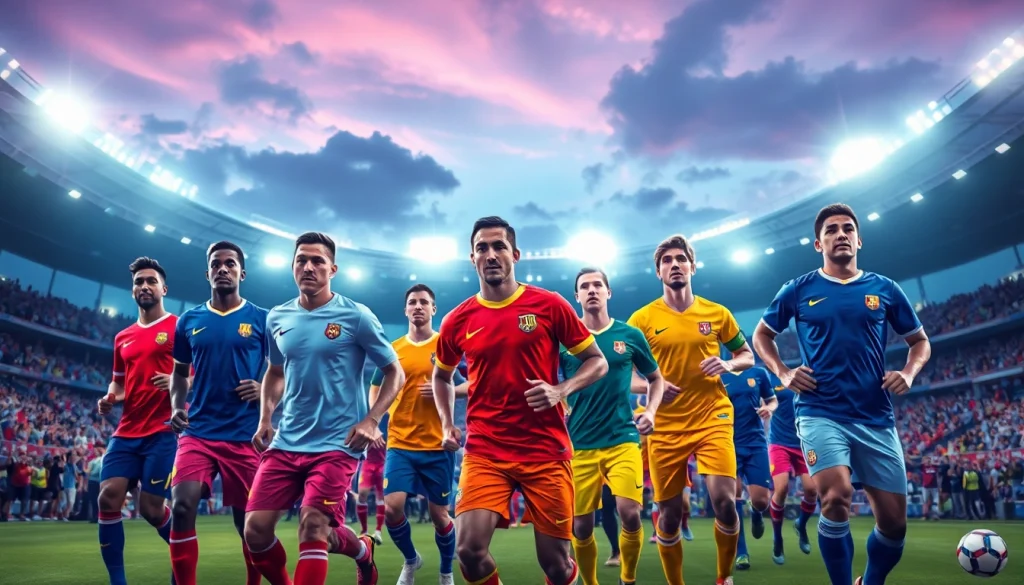 Showcasing vibrant team football kits worn by professional players in action.