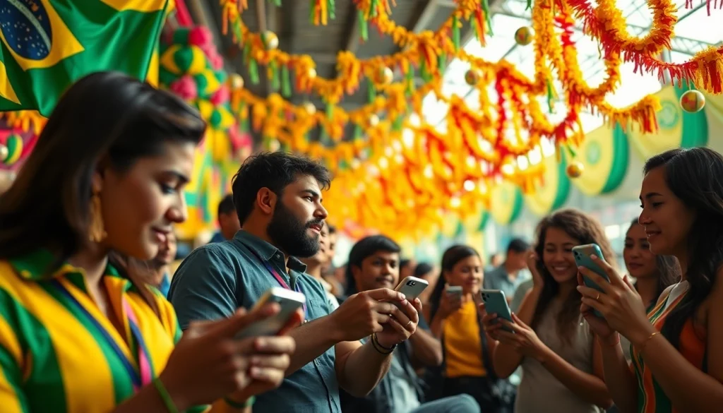 Engaging fans celebrating sports betting Brazil amid colorful carnival decorations.