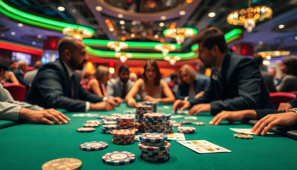 Poker online game dengan suasana yang ramai dan beragam pemain di meja kasino.