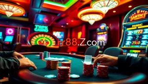 Engaging players at a poker table in a lively casino setting, captured at https://rr88ez.com/ illuminated by neon lights.