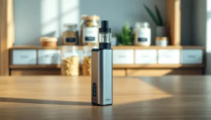 Oxva Vape-Gerät elegant auf einem Holztablett platziert, umgeben von Kräuteraromen.