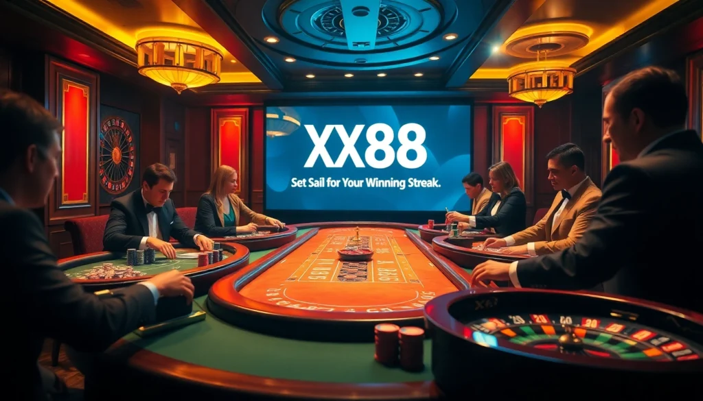 XX88 Boats evokes excitement as players strategize around a high-stakes poker table, capturing thrilling gambling moments.