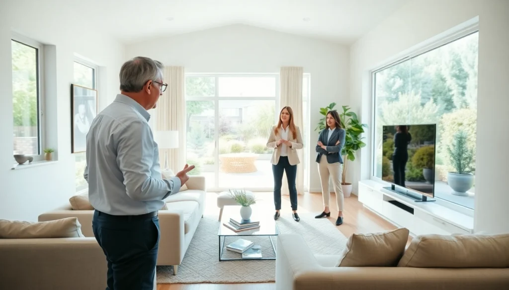 Engaging real estate agent showcasing a stunning living room to potential buyers.