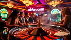 Experience thrilling gameplay at okfun.com with diverse players enjoying a roulette table under glamorous casino lighting.