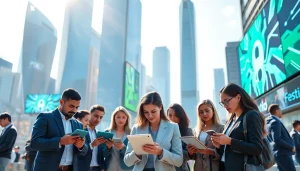 Engaging scene showcasing Technology through diverse individuals collaborating in a bright urban landscape.