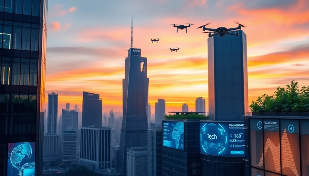 Highlighting Technology in a futuristic cityscape with modern buildings and greenery.