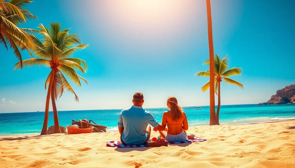 Couple enjoying the Best time to visit Cabo on a beach picnic during sunset.