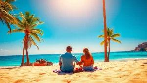 Couple enjoying the Best time to visit Cabo on a beach picnic during sunset.