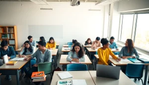 Engaged students collaborating on Education in a bright, modern classroom.