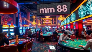 mm88 shining brightly on a digital display, as players enjoy intense gambling games at a lively casino floor.