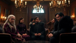 Engaging portrayal of the Game of Thrones cast in a vintage atmosphere, showcasing their iconic styles.