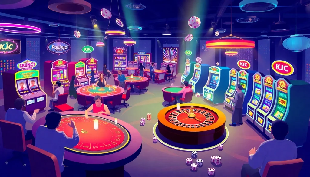 KJC AC 2 Casino scene showcasing poker tables, slot machines, and roulette wheels, embodying a thrilling gambling experience.