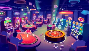 KJC AC 2 Casino scene showcasing poker tables, slot machines, and roulette wheels, embodying a thrilling gambling experience.