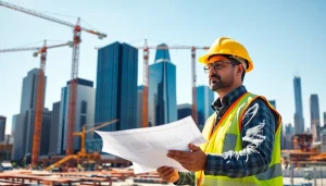 New York Construction Manager supervises a dynamic construction site, ensuring efficiency and safety.