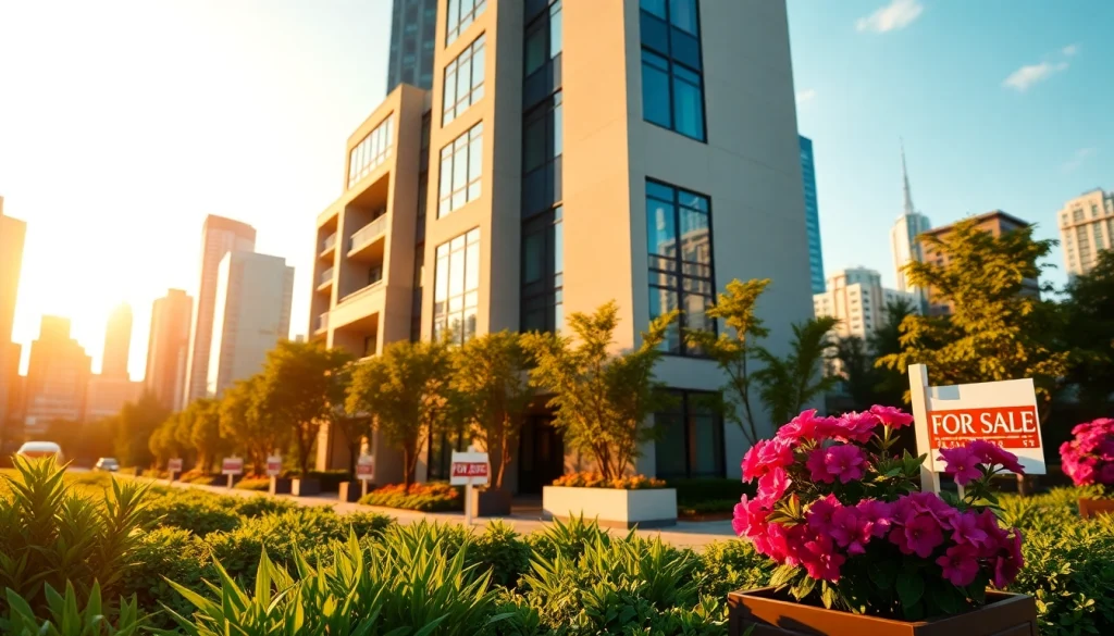 Showcasing a vibrant real estate property in a welcoming urban environment with modern architecture.