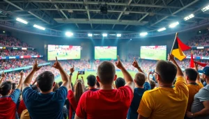 스포츠중계 중인 경기장에서 활기찬 팬들이 cheering하며 응원하는 모습