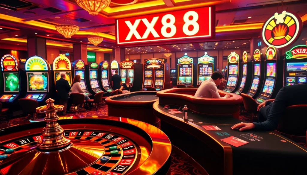 Experience the thrill of XX88 at a lively casino table surrounded by excited players and vibrant slot machines.