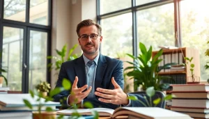 Environmental lawyer confidently advising clients in a bright, eco-friendly office setting.