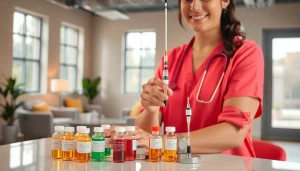Healthcare provider administering IV Vitamin injections in a modern clinic environment.