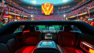 World Cup Group Transportation in a luxury limousine at LA stadium with fans celebrating.