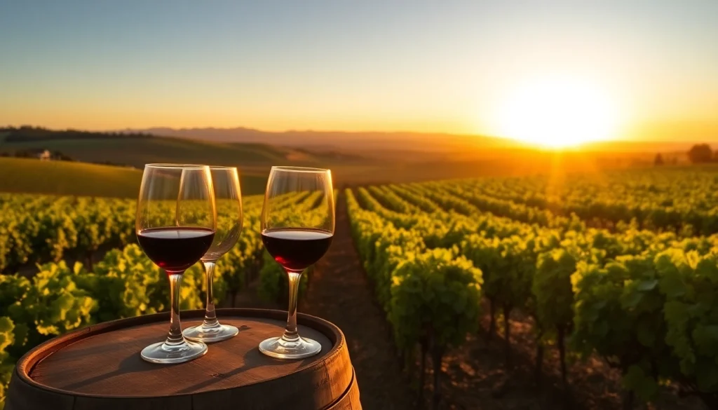 Admire wineries in Clarksburg with lush vineyards and wine tasting elements in a serene sunset.