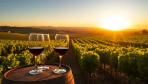 Admire wineries in Clarksburg with lush vineyards and wine tasting elements in a serene sunset.