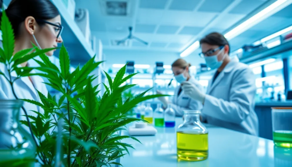 WIN55 research in a modern laboratory with scientists analyzing cannabinoid compounds.