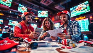 Exciting scene of Canada sports betting with bettors analyzing odds at a sports bar.
