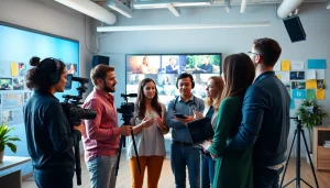 Showcase of a Creative Video Production Agency team collaborating in a bright, modern studio.