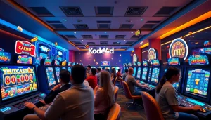 Kode4d online gaming lounge with diverse players enjoying slot games and vibrant graphics.