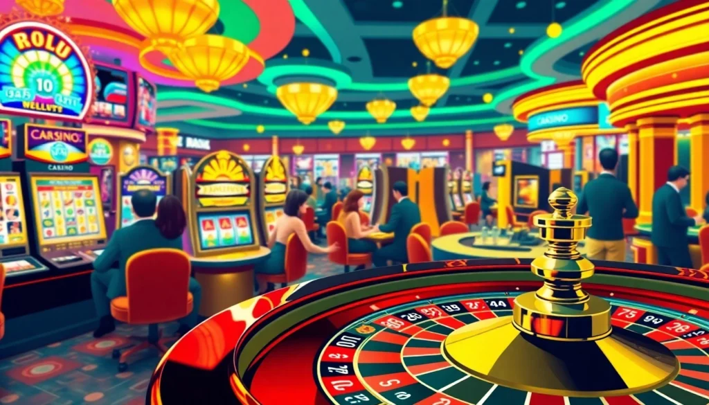 Situs Slot Terpercaya showcasing an engaging casino environment with thrilling slot machines and roulette tables.